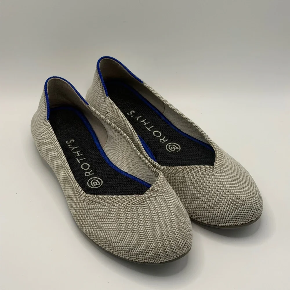 Rothys The Flat Sand Herringbone Tan Beige Knit Round Toe Ballet Flats Size 10.5